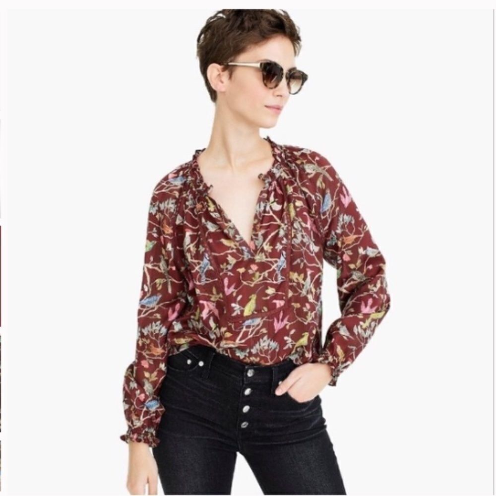 J. Crew Point Sur Menagerie Ruffle Popover Top sz S Floral bird print brown